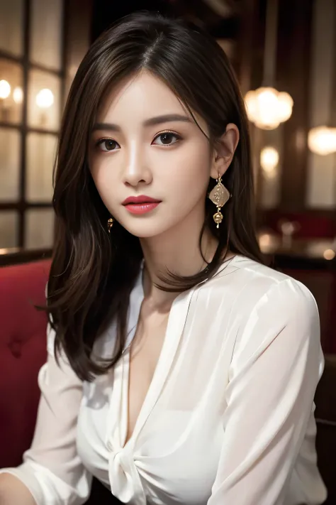 masterpiece、 Top Grade、  real、  Very detailed、  fine detail、  high definition 、 8K wallpaper、  Beautiful Women、Wearing an elegant white see-through blouse、At a nice restaurant、 night、  light brown tousled hair  、  Dynamic composition  、  beautiful eyes、 la...