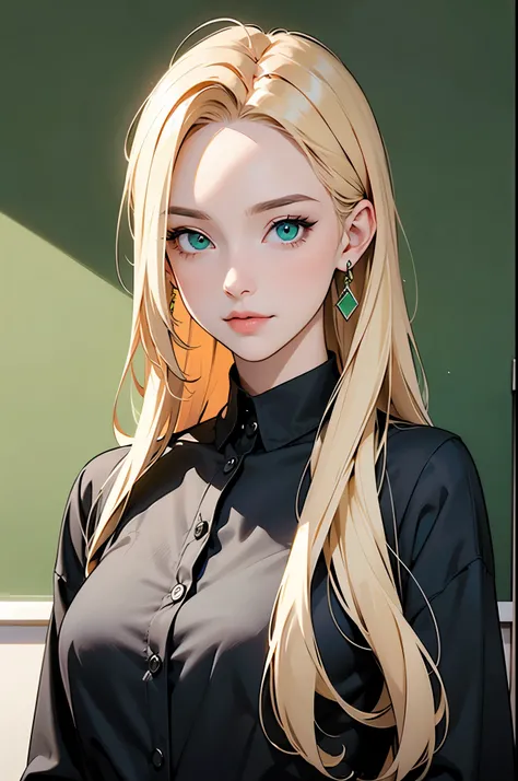 Create avatar of design teacher Denise, blonde, friendly, smart, drawing perspectives, Bullish, green cat eyes, Long, straight hair, wearing black clothes.