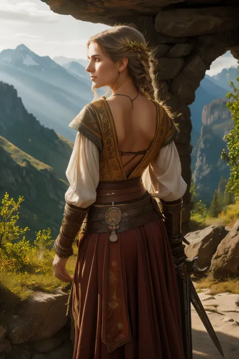 (photorealism:1.2), beautiful woman elf with sword standing on a high mountain-ledge overlooking a valley, wearing light leather...