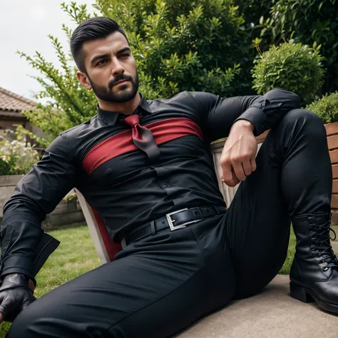 30years old, One Man,、 black shirt、Red tie、 black slim pants 、 Black Gloves 、 black boots、Combatant、With a pistol on his hip、garden、　 sitting with legs open 。short hair 、更にshort hair 、 undercut 、Stubble　Muscular　Turkish face　 black shirt 　View from below　U...