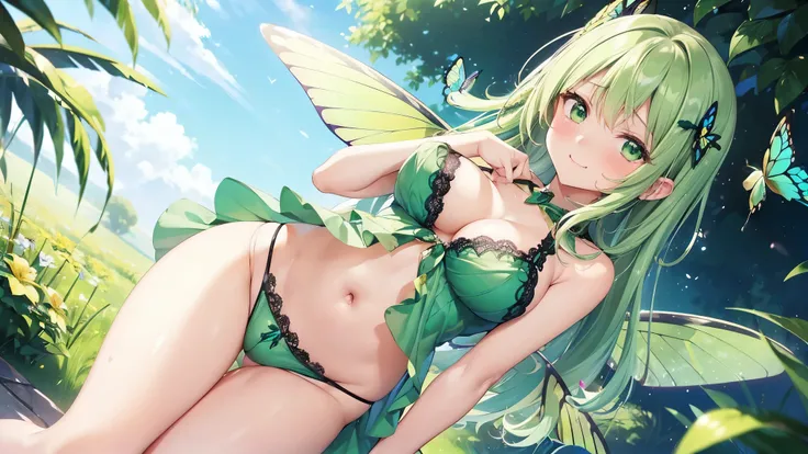 (( best quality、 high definition ))、( 1 girl)、 perfect body for a lawn、 beautiful and rich breasts、Nipples、Long green colored hair 、bangs、 gorgeous green sexy mini dress 、 skirt、(( a fairy with big wings in the color of a swallowtail butterflys hologram)) ...