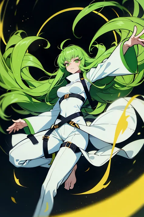 score_9, score_8_up, score_7_up, score_6_up, source_anime, 1girl, solo, cgcc, green hair, very long hair, yellow eyes, white bodysuit, straitjacket, black straps, wide sleeves, big breasts, from below, floating, full body, night sky, looking at you, jumpin...