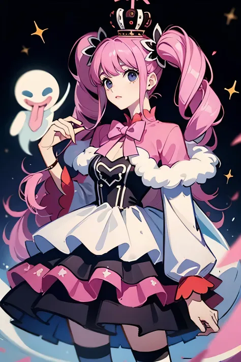 (masterpiece, best quality), ,perona, drill hair, striped, crown, dress, skirt, ghost