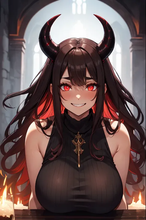 (High quality, High resolution, Fine details), Altar, devils horns, horns curving up from her head, high neck sleeveless knit tops, solo, curvy adult women, long flowing dark hair, (red glowing eyes:1.2), (Detailed eyes:1.2), grin, blush, Sweat, Oily skin,...