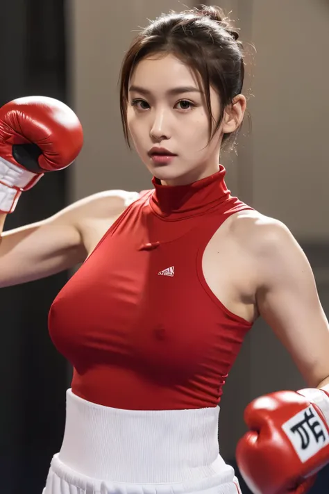 A sincere look 、red boxing uniform  : 1.3,( very tight high neck uniform , boxing uniform with black lines ,Tight-fitting uniform、 slightly prominent nipples sticking out from under the tank top,Sleeveless, (Bodyline Mood Improvement:1.1)、 D cup breasts,  ...