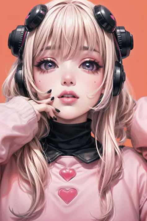 a close up of a young blonde woman with bangs , long false eyelashes , pink makeup, pink lips half-open lips subtle and mischievous smile , collar, with an olive-colored turtleneck turtleneck Ear Pom Pom Plush For Ears Cold Winter scarf, jacket with h...