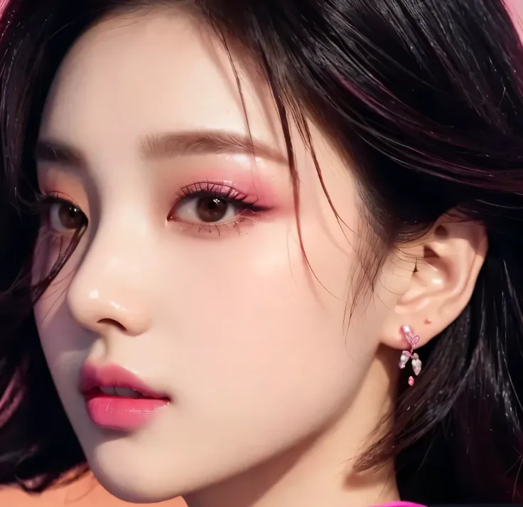 a close up of a woman with a pink top and earrings, popular south korean makeup, popular korean makeup, jingna zhang, sha xi, lee ji-eun, lee ji - eun, jinyoung shin, hwang se - on, fan bingbing, lulu chen, inspired by Yanjun Cheng, gongbi, ruan jia beauti...