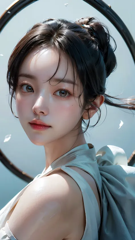 (masterpiece), ( top notch ), ( high quality detail ), (illustration), (1 woman), are watching viewers, (Interview), beautiful detailed eyes , delicate and beautiful face , Floating , (Highly saturated ), (shining), blue sky, Bright and beautiful face,...