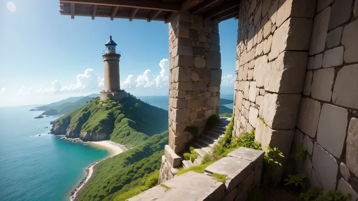  stone watchtower ,  High mountain top  , Side where you can see the ocean ,  when viewed from a distance from above、 real、Realistic