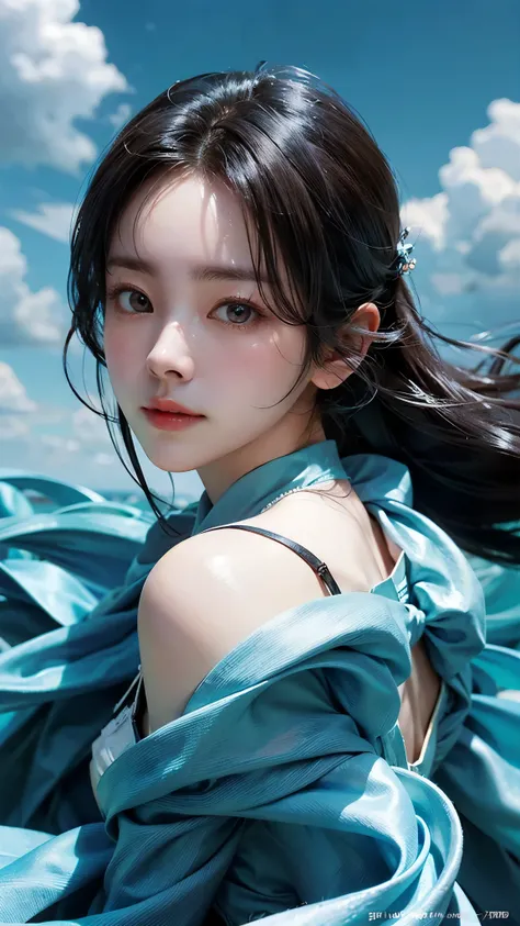 (masterpiece), ( top notch ), ( high quality detail ), (illustration), (1 woman), are watching viewers, (Interview), beautiful detailed eyes , delicate and beautiful face , Floating , (Highly saturated ), (shining), blue sky, Bright and beautiful face,...