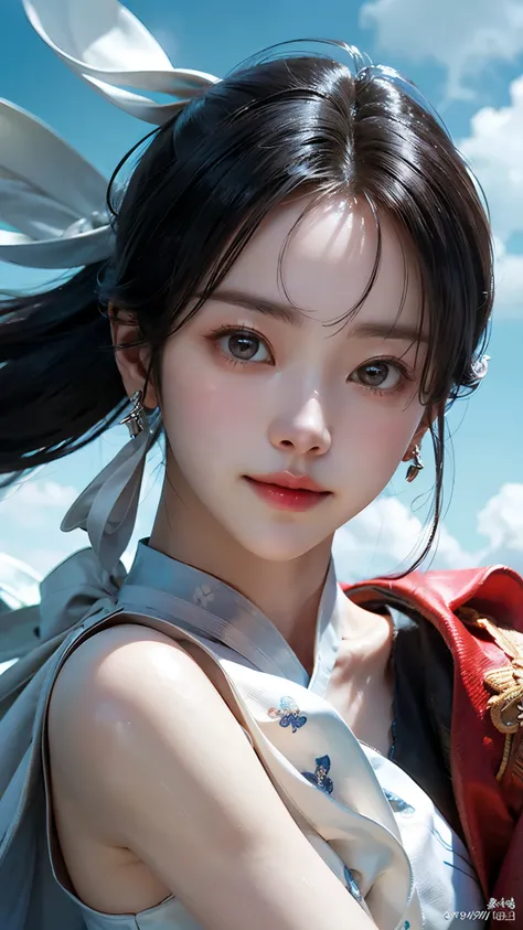 (masterpiece), ( top notch ), ( high quality detail ), (illustration), (1 woman), are watching viewers, (Interview), beautiful detailed eyes , delicate and beautiful face , Floating , (Highly saturated ), (shining), blue sky, Bright and beautiful face,...