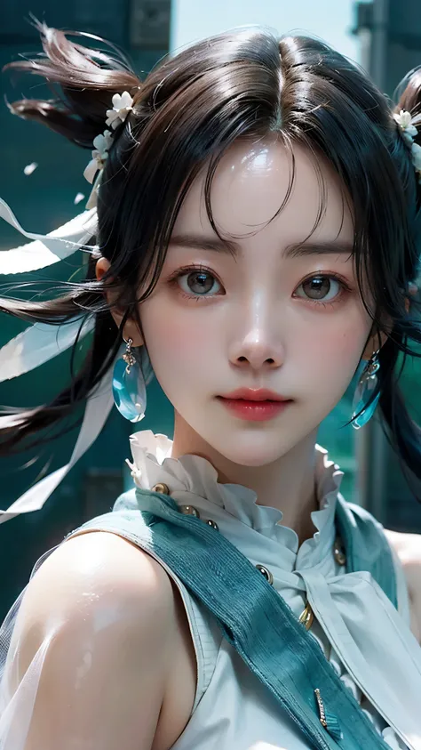 (masterpiece), ( top notch ), ( high quality detail ), (illustration), (1 woman), are watching viewers, (Interview), beautiful detailed eyes , delicate and beautiful face , Floating , (Highly saturated ), (shining), blue sky, Bright and beautiful face,...