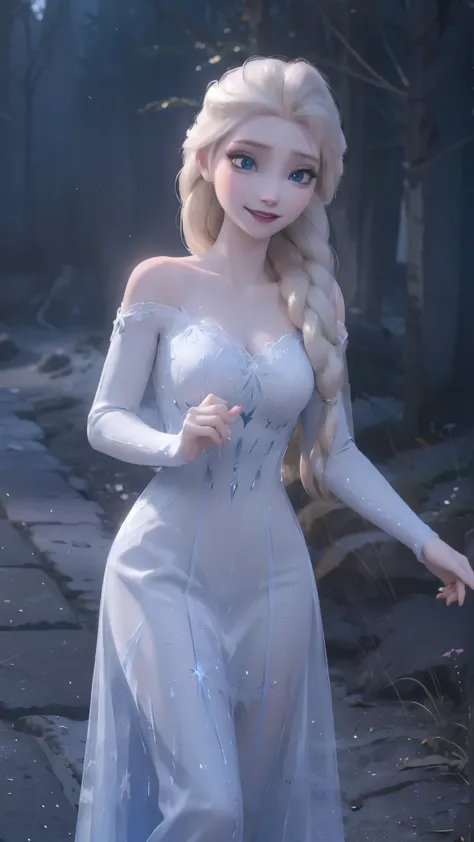 Elsa da frozen,(best qualityer,4K,8k,high resolution,work of art:1.2)(weather: winter), Mondstadt forest background, forest road, freckles, long crystal sleeveless gown dress, crystal dress trail, white stockings, crystal high heels, white elbow long glove...