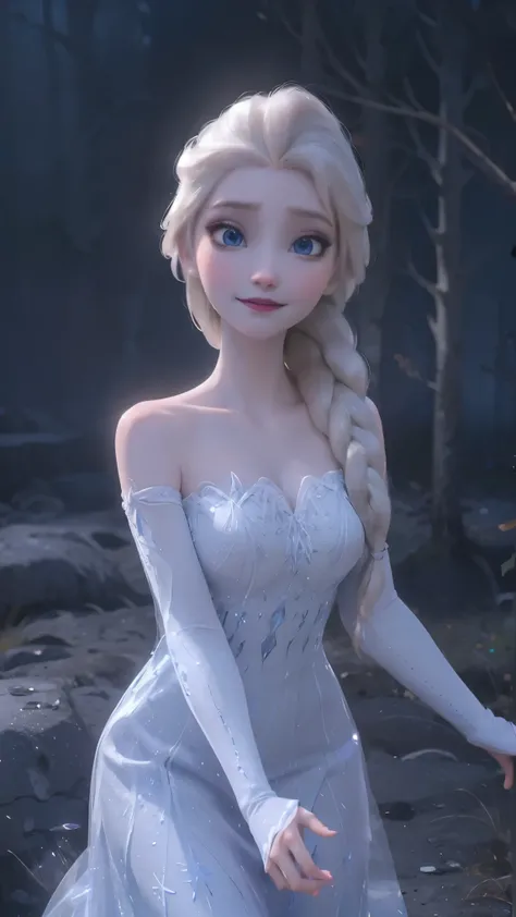 Elsa da frozen,(best qualityer,4K,8k,high resolution,work of art:1.2)(weather: winter), Mondstadt forest background, forest road, freckles, long crystal sleeveless gown dress, crystal dress trail, white stockings, crystal high heels, white elbow long glove...