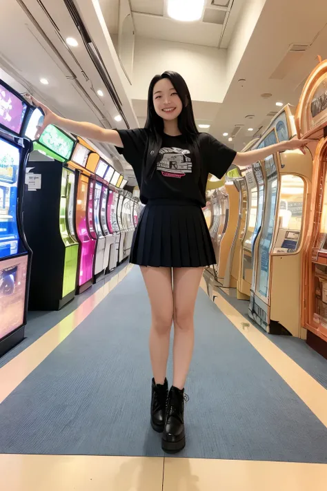  standing in an empty arcade 、、Cute clothes、 pleated skirt、、Long black hair、 and smiles 、 cute face、 idol style、 hands from the bottom of the sea、front、Full body portrait