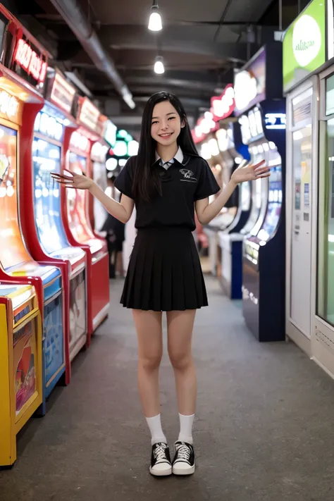  standing in an empty arcade 、、 Female College Student、uniform、Long black hair、 and smiles 、 cute face、 idol style、 hands from the bottom of the sea、front、Full body portrait