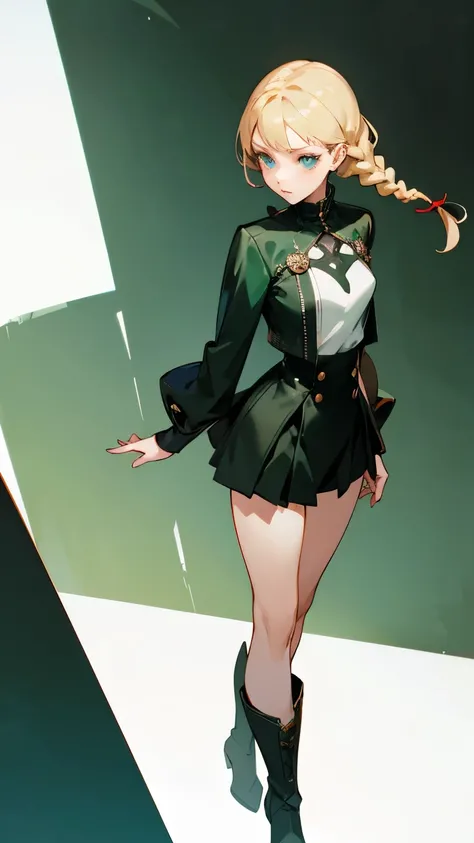 1girl, blonde braid hair, sea color eyes, masterpiece, sexy, BREAK salad miniskirt revealing hips, medieval fantasy, white shirt, boots under knees, dark green cloack, simple background, fullbody, semi-realistic anime-style, 35 year old, persona 5 royal st...