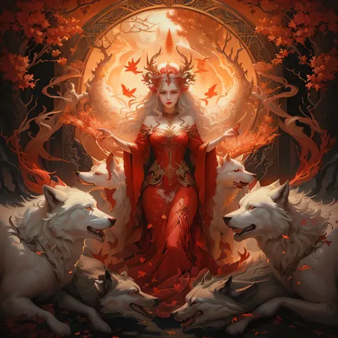  aerial image of a woman in a red dress and two white wolves,  and Mumford Tom Bagshaw , Jan J,  symmetrical epic fantasy art , goddess of anger,  Anime Fantasy Illustrations , goddess of autumn,  Beautiful graceful demon queen,   Beautiful Artwork Illustr...