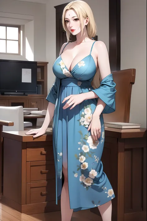 Tsunade Senju, wearing a long maxi-length blue floral dress with spaghetti straps and a v-neckline, and over it she wore a yellow cardigan in an off-shoulder style, plain smile, extremely fair white skin, extremely beautiful face, busty yet thin body, stan...