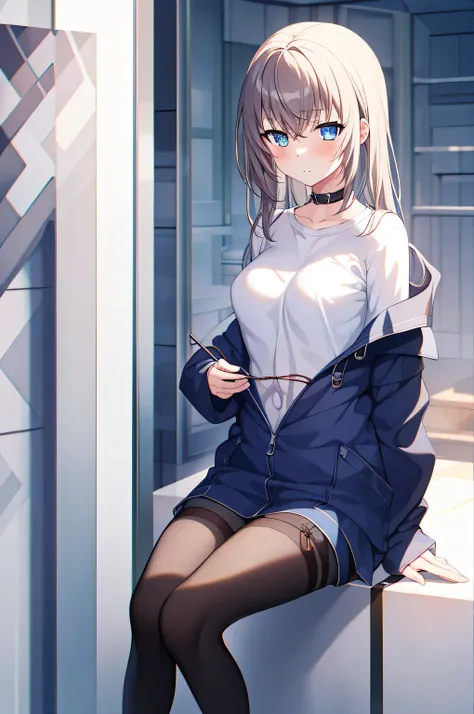  1 girl, nakaNo._future, ,  Unique , Scantily clad, ,  blue_ have eyes , Whites_hair, Long_hair, hair_between_ have eyes , White_, _clothing, White_ Background and  , Watching_Shown in_ Use the following method to view viewerackground, shirt, sit, Deactiva...