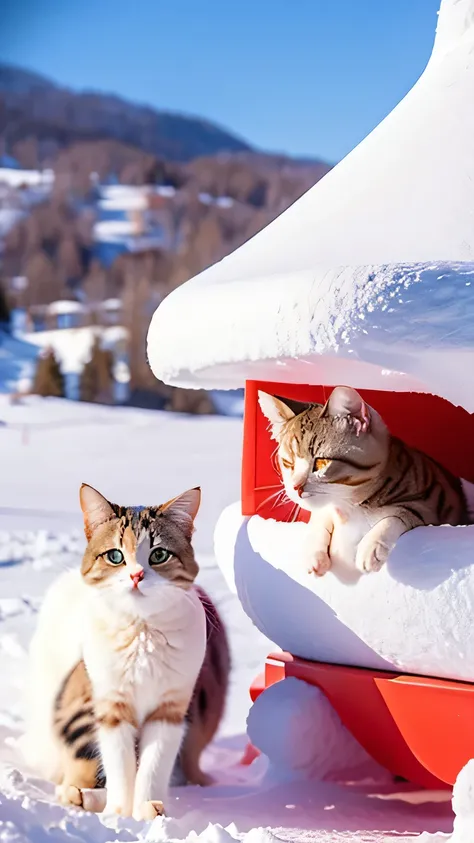 Two cats，At the ski resort，Eye contact
