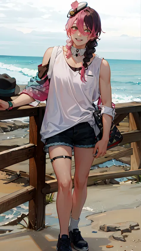 there is a woman standing on a beach with a hat, dressed in a top and shorts, wearing pink floral chiton, wearing a camisole and shorts, beach pic, standing at the beach, wearing a tank top and shorts, standing near the beach, at the sea, vacation photo, a...