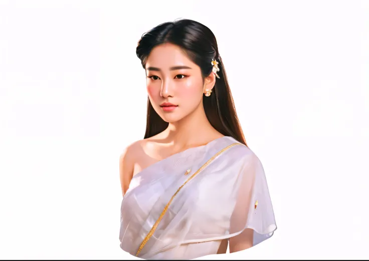 a woman in a white sari with a flower in her hair, inspired by Sim Sa-jeong, digital art of an elegant, in the art style of bowater, inspired by Zhang Yin, portrait of modern darna, inspired by T. K. Padmini, inspired by Yun Du-seo, inspired by Li Tang, ha...