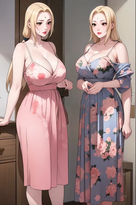 tsunade senju wearing a long pink floral dress with spaghetti straps and a v-neckline, and over it, she wore a white cardigan in...