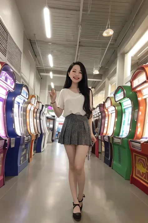  standing in an empty arcade 、、Cute clothes、 pleated skirt、Long black hair、 and smiles 、 cute face、 idol style、 hands from the bottom of the sea、front、Full body portrait