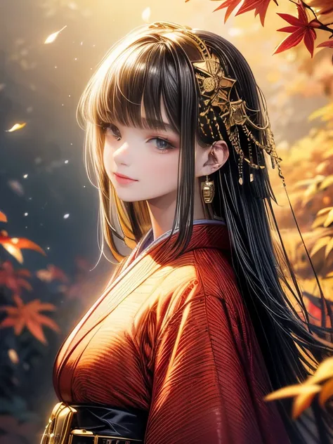  bright color, Autumn leaves landscape,  beautiful style,  HIGH QUALITY ILLUSTRATION , Japanese,Elegant painting,  detailed illustrations of clothing and facial features. 8K CG artwork, special animation artwork.