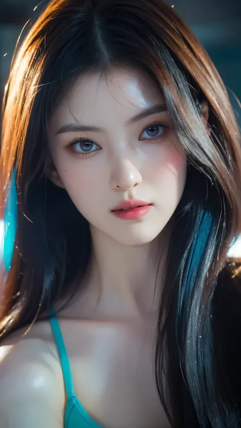 (masterpiece, highest quality, highest quality, Official Art, beautifully, aesthetic:1.2), Portrait Photography, (Cyberpunk beautiful girl 1 person), Big iridescent eyes, Beautiful skin, (Pink and blue long hair with bangs), Very detailed, (Neon colored fr...