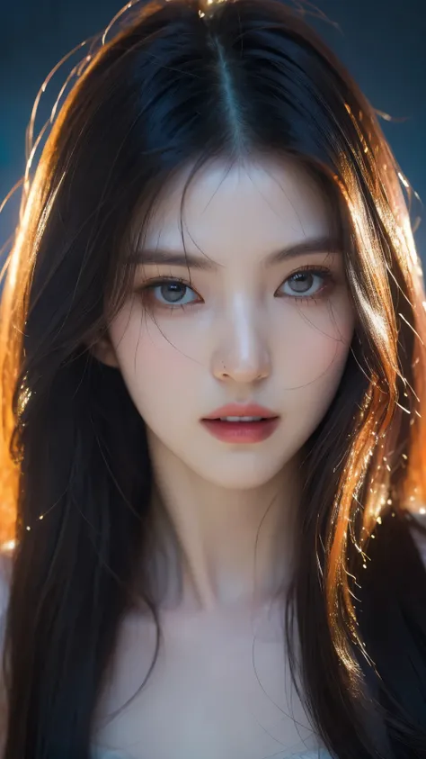 (masterpiece, highest quality, highest quality, Official Art, beautifully, aesthetic:1.2), Portrait Photography, (Cyberpunk beautiful girl 1 person), Big iridescent eyes, Beautiful skin, (Pink and blue long hair with bangs), Very detailed, (Neon colored fr...