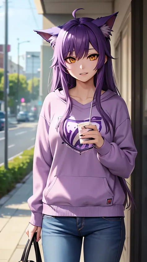 Anime Wolf Female, Purple Hair, Yellow Eyes, Wearing Purple Sweatshirt and Blue Jeans.