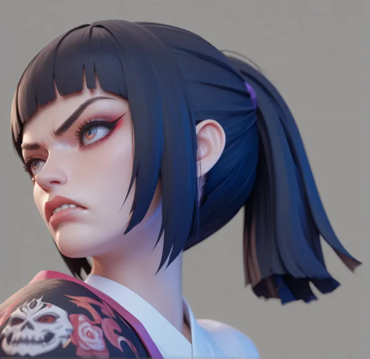 Looking up， close up of a Japanese womans profile，Portrait of a Japanese woman ，Like turning right ， black hair，Wearing a ponytail，Narrow eyes， Fierce expression ，Of the blackest dye， Evil God，(Frown：0.8)，Angry gnawing his teeth ，UE5 Rendering，3D Rendering...