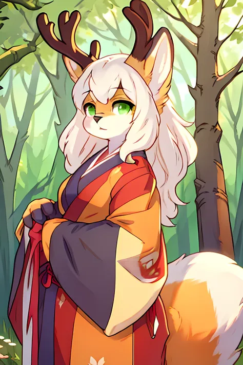 cat like woman, long fluffy white hair, fluffy fur, green eyes, antlers,  fluffy tail, curvy body wearing a royal kimono.