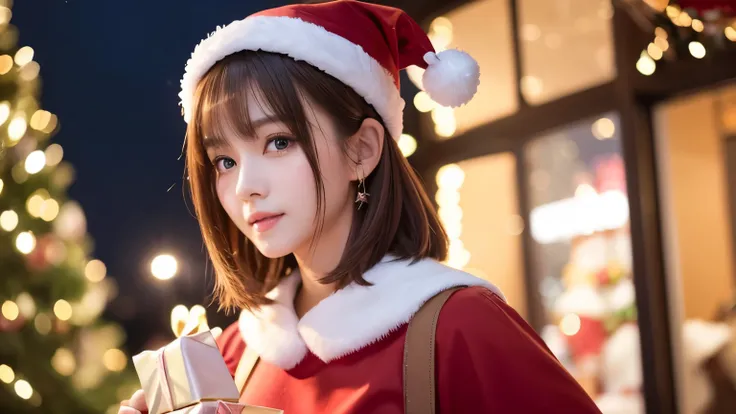 Cute 21 year old Japan   、  knight 、  Christmas、  shopping、Super Detail Face、 Pay attention to the details of the hem of the clothes、  double eyelid、Beautiful thin nose、  sharp concentration:1.2、   full body lesbian :1.4、(  light brown hair  ,  short hair,...