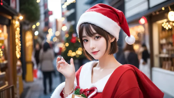 Cute 21 year old Japan   、  knight 、  Christmas、  shopping、Super Detail Face、 Pay attention to the details of the hem of the clothes、  double eyelid、Beautiful thin nose、  sharp concentration:1.2、   full body lesbian :1.4、(  light brown hair  ,  short hair,...