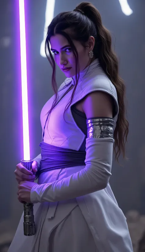 kathryn hahn as jedi, holding glowing purple lightsaber, long wavy dark ponytail, piercing eyes, futuristic elegant design, whit...