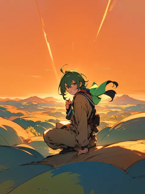 sideview,solo,(looking at viewer:1.3),(knees up),green color medium hair,tsurime,males eyes,males nose,males mouth,misterious grin,veteran travelers clothes,action fighting stanace,wilderness,orange sky,A beige scarf, a sword sheath, a high hill, and a dis...