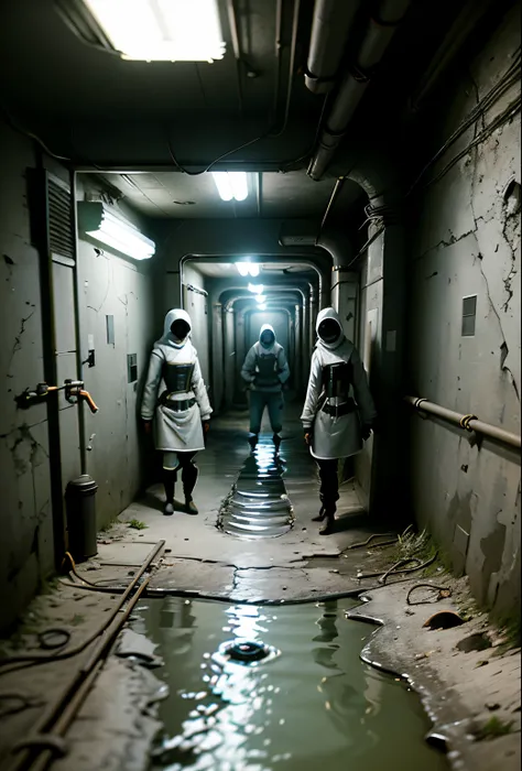 three women dressed in white anti-radiation clothing inside an open dry canal, there are three pipe holes in the wall, estilo ha...