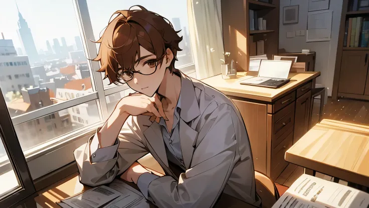 Alone、High image quality、 young man accompanied by、Single、Beautiful、Chestnut-colored fluffy hair、 short hair 、 wears thin round glasses、Smart and stylish、26-year-old boy、 gentle vibe 、intellectual、 casual clothes、Bright expression、Morning at the office、urb...