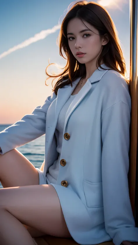 Top Quality, Masterpiece, Ultra High Resolution, (Photorealistic: 1.4), Raw Photo, Single Girl, Brown Dark Hair, Yacht Harbor, Dramatic Lighting, Above Knee Portrait,, Cotton Sky Blue Coat