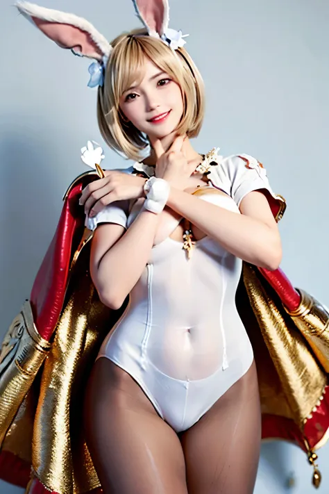 1 girl,(masterpiece,  Best Quality :1.2),  perfect face ,  perfect eyes, cowboy shot , djeeta, smile,  looking at the viewer ,  blond hair ,  hair flower ,  rabbit ears ,  brown eyes , djeetasage , leotard,  wrist bracelets , perfect hands, cape,  white pa...