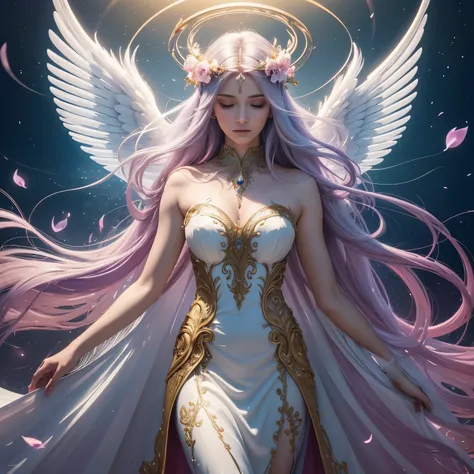 1 mature angel, (translucent angel wings), long billowing white hair with magenta accent, flowers in hair, (glowing halo on head), (best quality, 4k, 8k, hires, masterpiece:1.2), ultra-detailed, (realistic, photorealistic, photo-realistic:1.37), beautiful ...