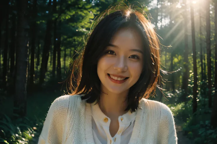  best quality,masterpiece, ultra high resolution,(Realism:1.4),Original photo, cinematic lighting ,
 1 girl ,smile,forest,whole body, Backlight ,