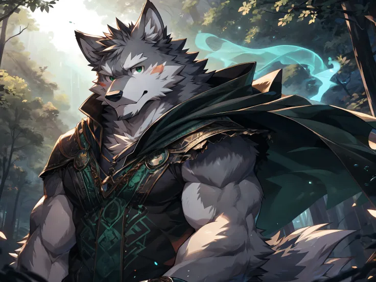 wolf, (gray fur:1.3) ,(deep black-green Arcane Light Cloak:1.3), shushing gesture, gesture for silence, elegant demeanor, eyes towards the camera, portrait, forest, night, masterpiece, (16K), HD, Various facial details, detailed background, very detailed, ...