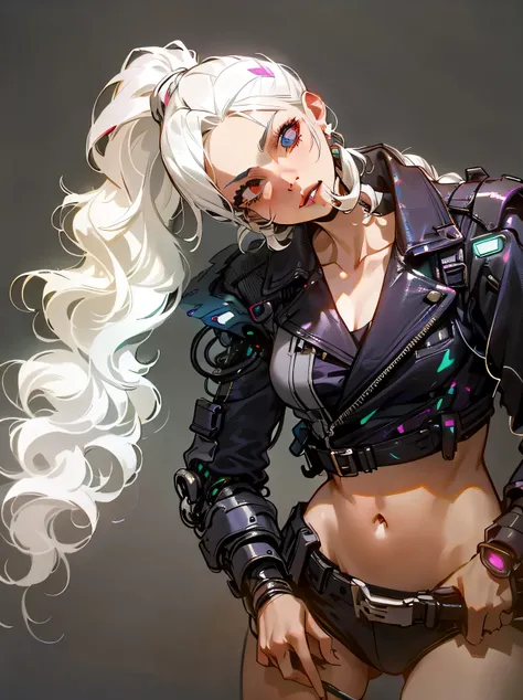 a close up of a woman with white hair and a black jacket, silver hair (ponytail), cyborg - girl with silver hair, imvu, white curly hair, detailed white long hair, girl silver ponytail hair, curly white hair, silver hair girl, girl silver hair, girl with w...