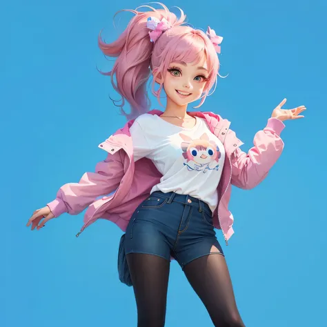  Close-up of a person wearing a pink jacket and a white shirt, Cute girl，A big smile， big eyes， Complete Details ， High level of detail ，Clarity ， Animated Cute Style , Anime style characters,