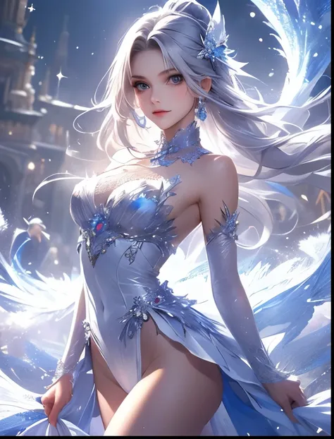 （（（ＳＦＷ、Precision、Highest quality、A first-class masterpiece、Normal body、8k、  Detailed Face 、Ultra-precision、 Normal hand、５refer to、Highest）））、 Beautiful silver-haired girl wearing an amusement high leg costume