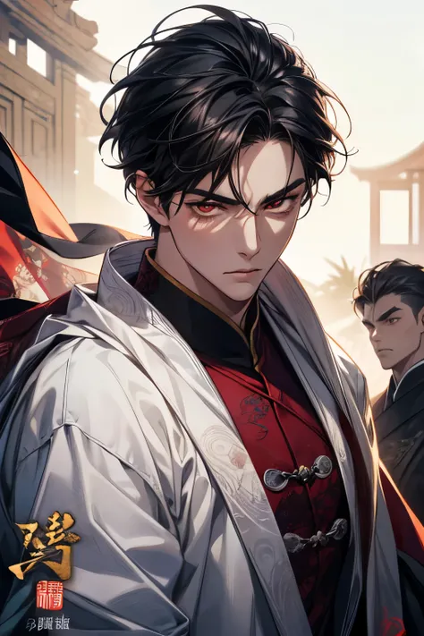  art label  ,   close-up of black-haired man  , man wearing white robe, Red Eye  , beautiful character  ,  great and beautiful character art ,  Amazing Character Art ,  author ：Fan Qi ,  Realistic art  ,  ,  edge of art blurred by splashes of ink ( High De...